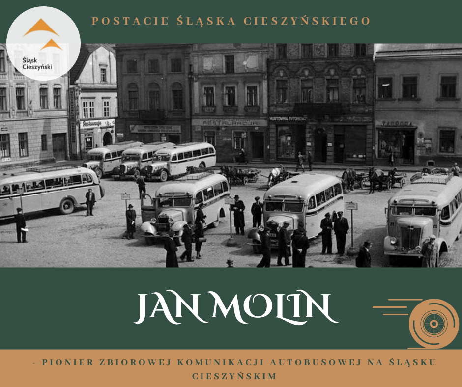 Grafika z czarno-białym zdjęciem cieszyńskiego rynku i zaparkowanymi na nim kilku autobusach z lat 30-tych ubiegłego wieku.W lewym górnym rogu logo marki turystycznej Śląsk Cieszyński.U dołu tekst na zielonym i brązowym tle.