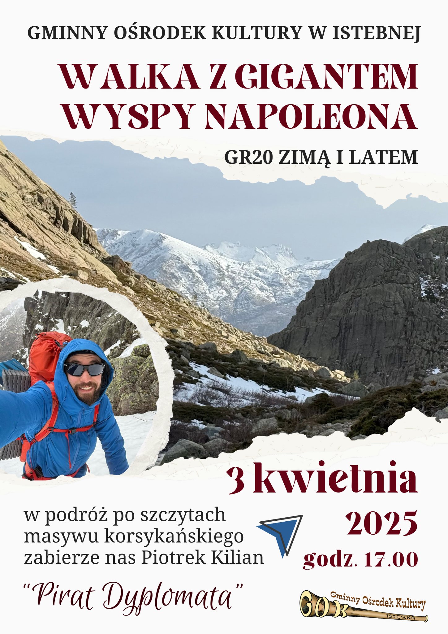 Grafika z górskim, kamiennym krajobrazem.W lewym dolnym rogu postać alpinisty.U góry i u dołu grafiki informacje tekstowe o wydarzeniu.