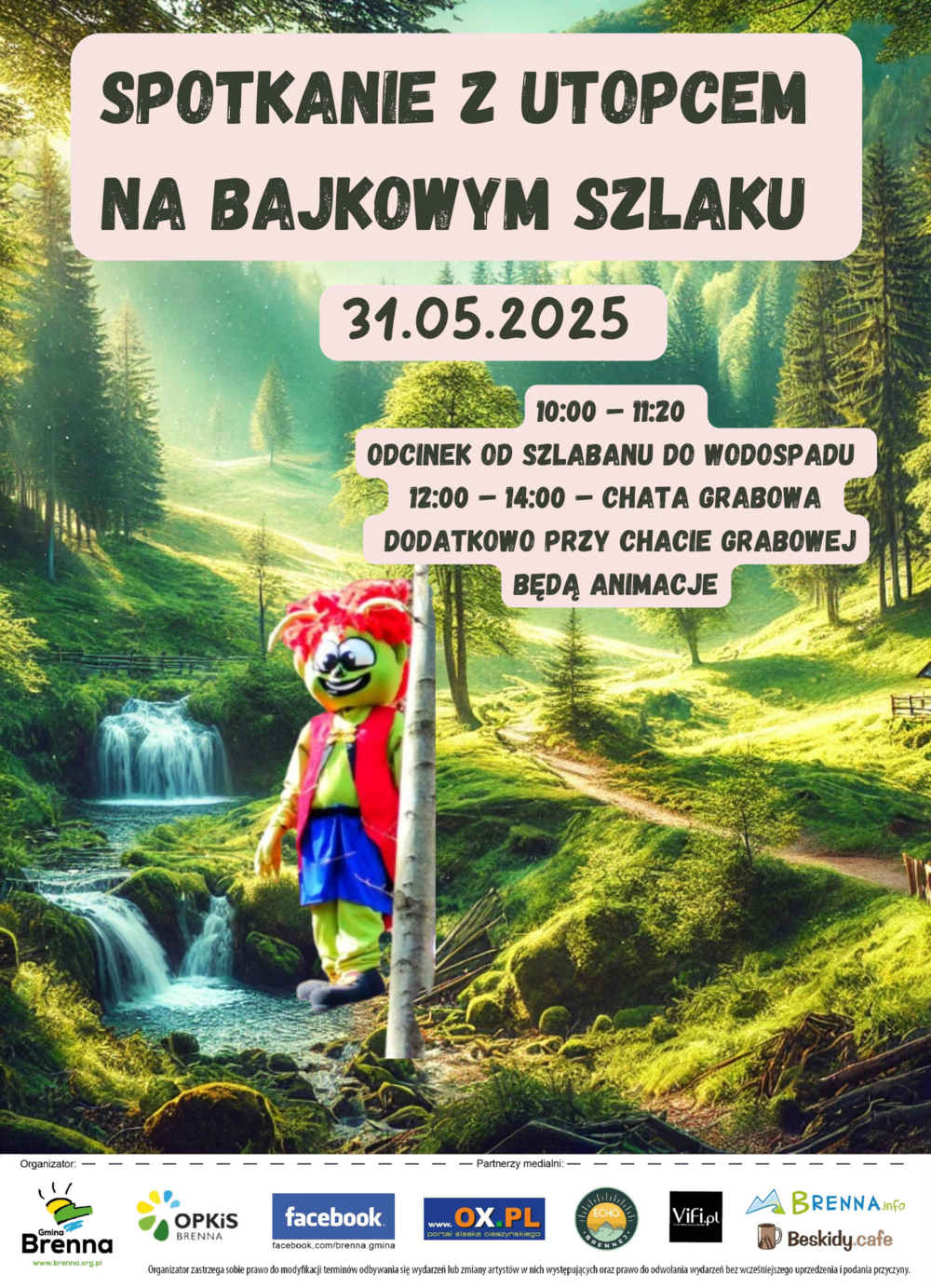 Grafika z postacią Utopca - zielonego stwora z czerwonymi włosami,stojącego w leśnym otoczeniu.Na grafice tekst informujący o szczegółach wydarzenia.