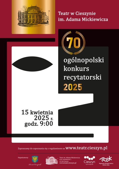 Plakat zapraszający do udziału w 70 ogólnopolskim konkursie recytatorskim. Data 15 kwietnia 2025, godz. 9:00