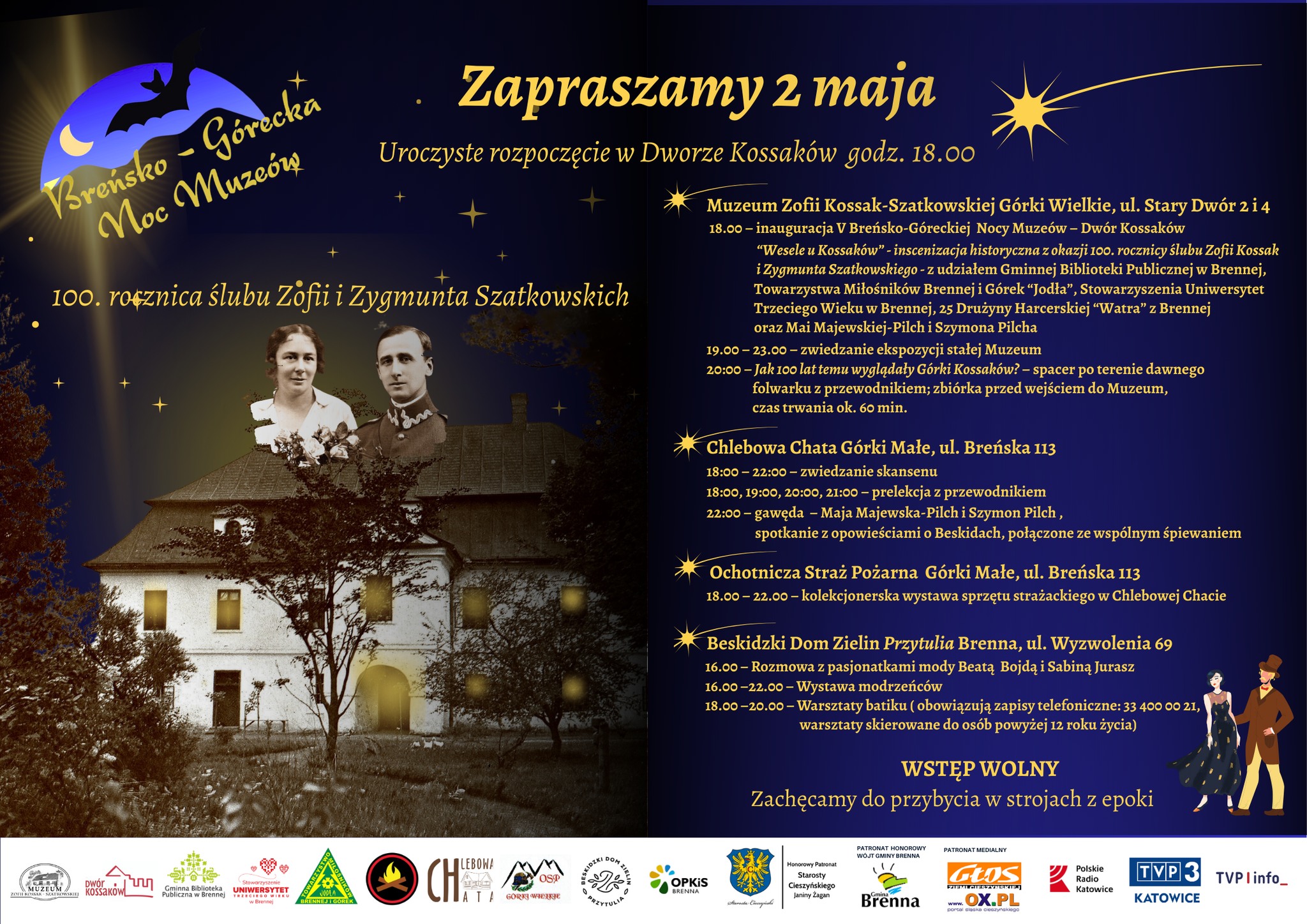 plakat zapraszający na breńsko górecką noc muzeów. W tle dwór Kossaków i fotografia Zofii i Zygmunta Szatkowskich.