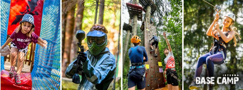 Grafika sładająca się z czterech zdjęć.Od lewej dziewczynka na placu zabaw,uczestnik gry w paintball,wspinacze,dziewczyna zjeżdżająca w parku linowym.