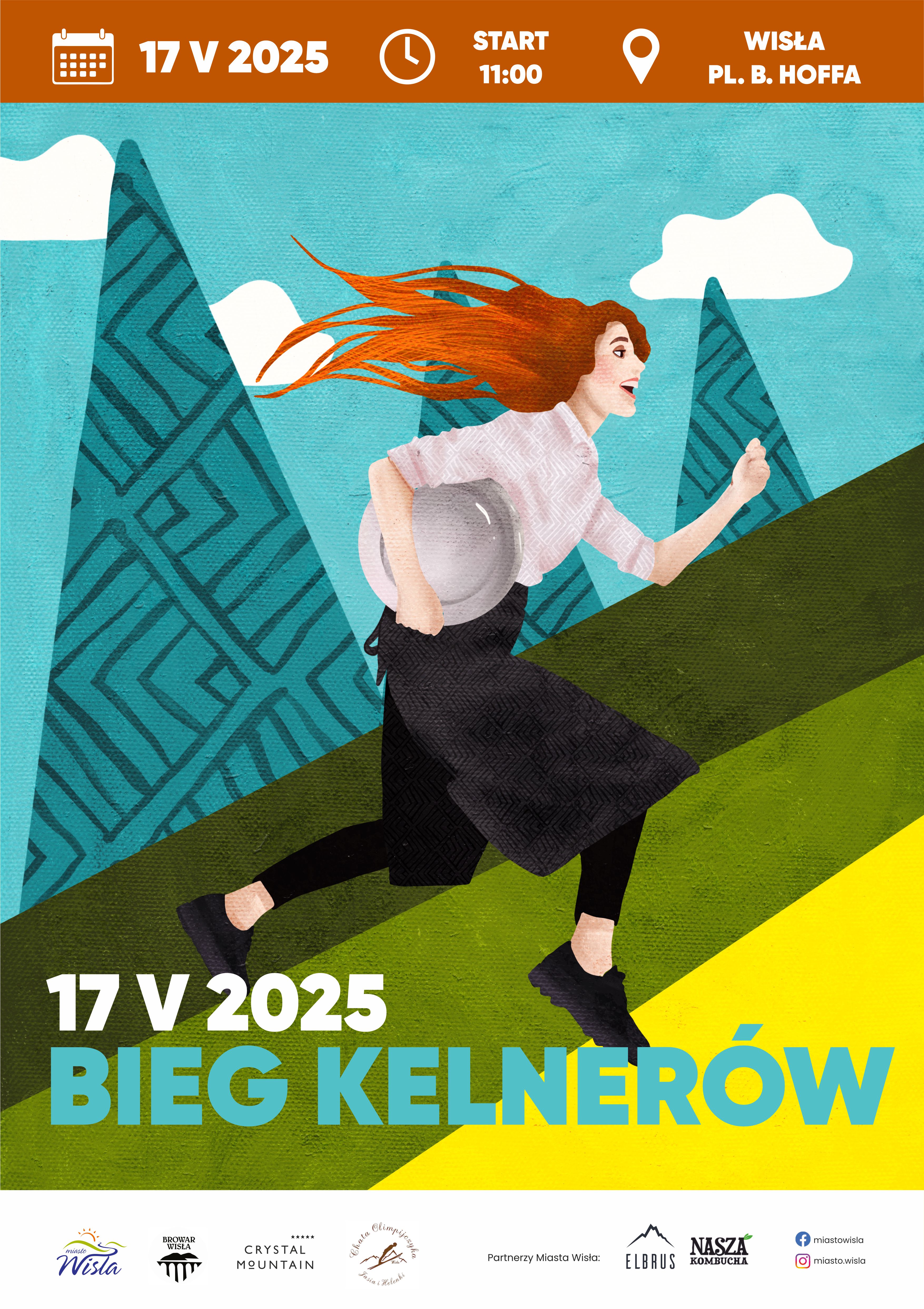 plakat zapraszający na bieg kelnerów w dniu 17 maja 2025 roku o godzinie 11:00 na placu B. Hoffa w Wiśle. Na plakacie grafika przedstawiająca kelnerkę biegnącą pod górę.