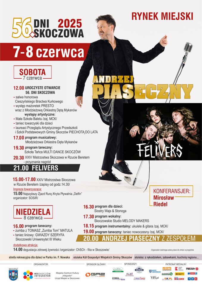 plakat zapraszający na 56 dni skoczowa. po prawej stronie grafiki program wydarzenia, po prawej stroniezdjęcie Andrzeja Piasecznego i Zespołu Felivers