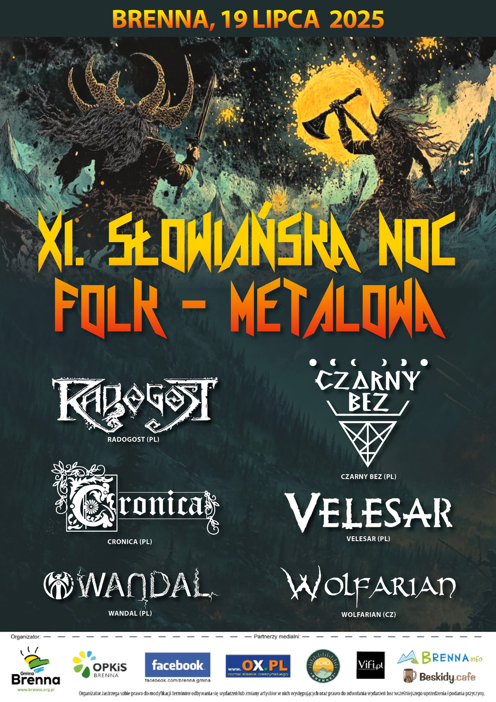 plakat utrzymany w ciemnych barwach zapraszający na 11 Słowiańską Noc Folk Metalową
