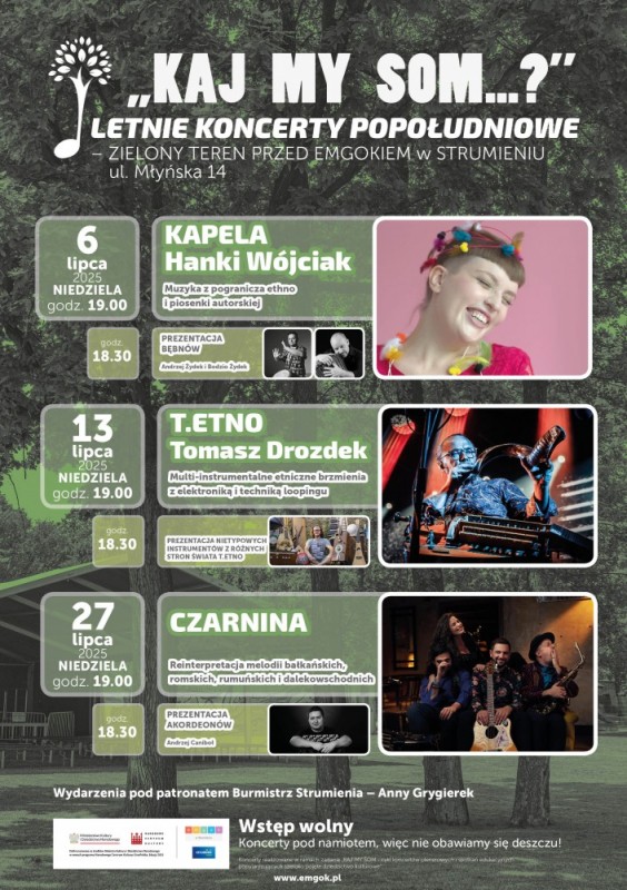 plakat zapraszający na letnie koncerty w parku przy emgoku w Strumieniu