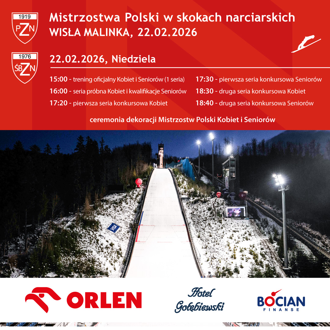 Górna połowa plakatu zawiera biały tekst informacyjny na czerwonym tle.Dolna cześć to zdjęcie skoczni w Wiśle Malince,a poniżej loga organizatorów i patronów wydarzenia.