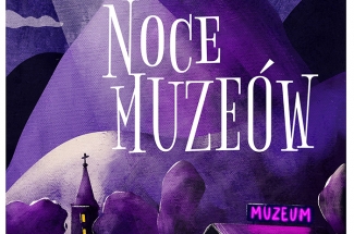 plakat zapraszający na noc muzeów w Wiśle w dniu 16 do 18 maja.Kolorystyka utrzymana w mrocznych kolorach czerni i fioletu. U góry księżyc oświetlający napis Noc Muzeów.