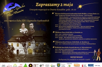 plakat zapraszający na breńsko górecką noc muzeów. W tle dwór Kossaków i fotografia Zofii i Zygmunta Szatkowskich.