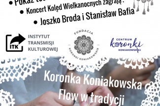 Plakat promujący wydarzenia związane z wernisażem i wystawą koronki koniakowskiej.U dołu dłonie w trakcie szydełkowania,wokół nich elelenty koronek.U góry tekst ze szczegółowymi informacjami o wydarzeniu.