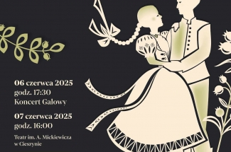 plakat zapraszający na wydarzenie - z prawej strony grafika ukazująca parę w strojach regionalnych