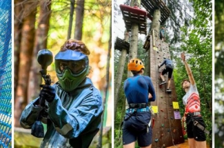 Grafika sładająca się z czterech zdjęć.Od lewej dziewczynka na placu zabaw,uczestnik gry w paintball,wspinacze,dziewczyna zjeżdżająca w parku linowym.