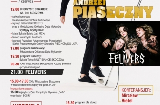 plakat zapraszający na 56 dni skoczowa. po prawej stronie grafiki program wydarzenia, po prawej stroniezdjęcie Andrzeja Piasecznego i Zespołu Felivers