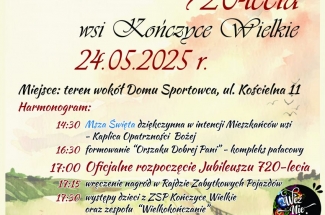 plakat zapraszający na jubileusz 720 lecia Kończyc Wielkich