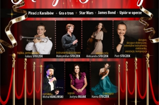 plakat zapraszajacy na wydarzenie, na grafice wizeruki artystów