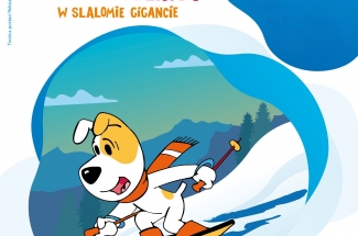 Plakat zapraszający na wydarzenie, grafika przedstawia psa reksia zjeżdzającego na nartach