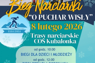 U góry plakatu trzy zdjecia biegaczy narciarskich.Poniżej tekst informuący o wydarzeniu.U dołu loga organizatorów i patronów.