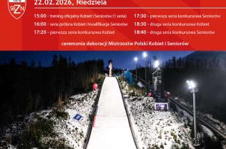 Górna połowa plakatu zawiera biały tekst informacyjny na czerwonym tle.Dolna cześć to zdjęcie skoczni w Wiśle Malince,a poniżej loga organizatorów i patronów wydarzenia.