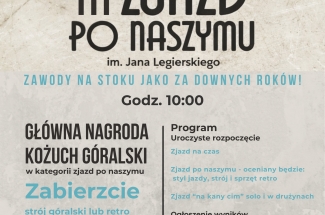 W górnej częsci plakatu informującego o wydarzeniu sportowo-rekreacyjnym, dwa zdjęcia dzieci na nartach i sankach.U dołu zdjęcie trójki osób na sankach.Pozostała część plakatu zawiera informacje o wydarzeniu.U dołu loga organizatorów i patronów wydarzenia