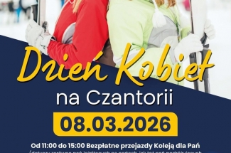 Plakat zapraszający na wydarzenie, na grafice dwie kobiety w strojach narciarskich trzymają w rękach narty